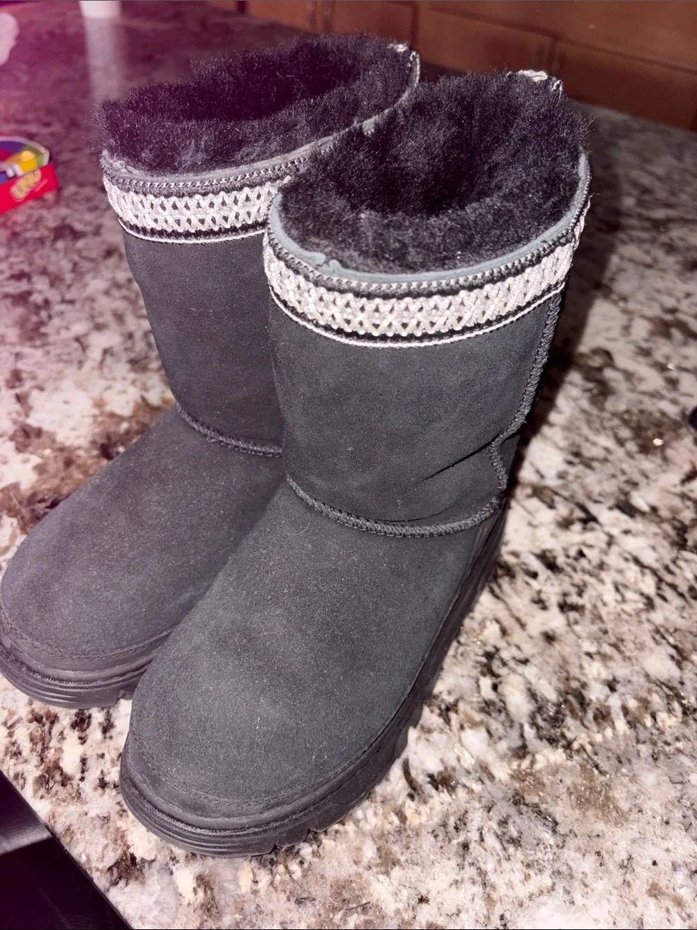 UGG Black Mid-Calf Faux Shearling Lined Boots with Decorative Trim